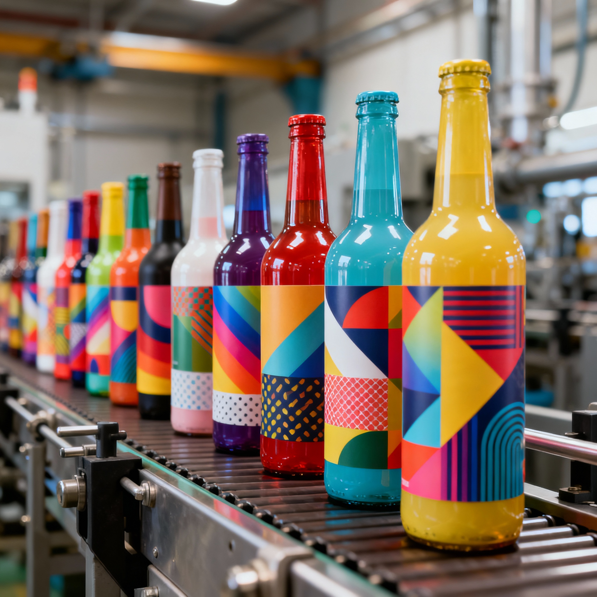 Garrafas enfileiradas com cores vibrantes